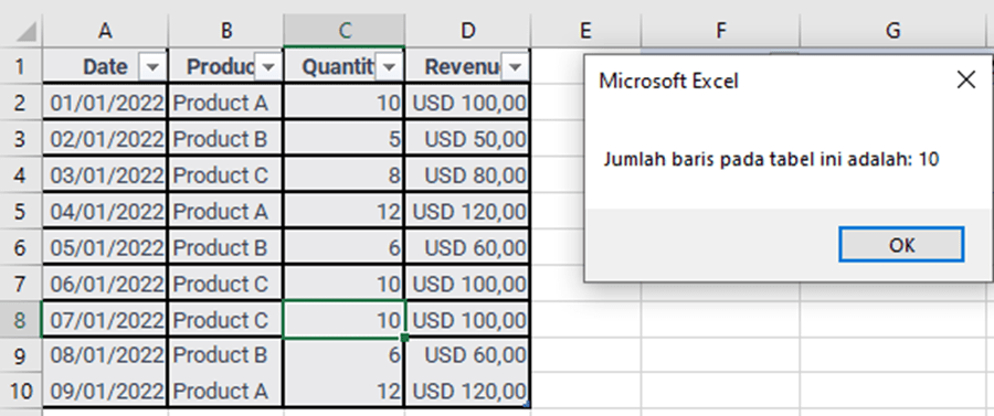 Kode VBA Untuk Menghitung Jumlah Baris Tabel - Kumpulan script VBA Excel